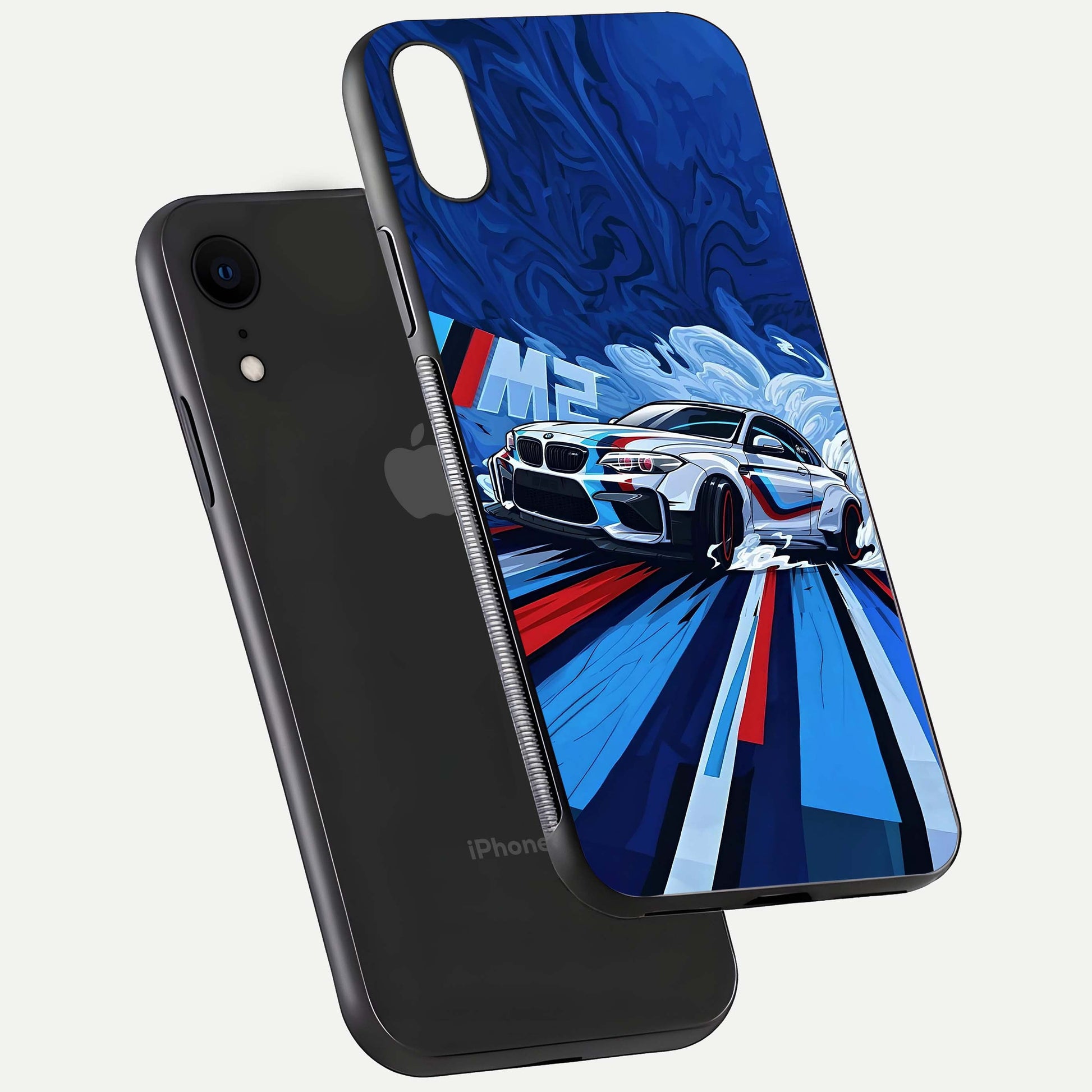 Drift Power Rush Glass Case for iPhone Xr floating mockup showing gloss polish and speed-theme design