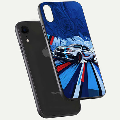 Drift Power Rush Glass Case for iPhone Xr floating mockup showing gloss polish and speed-theme design