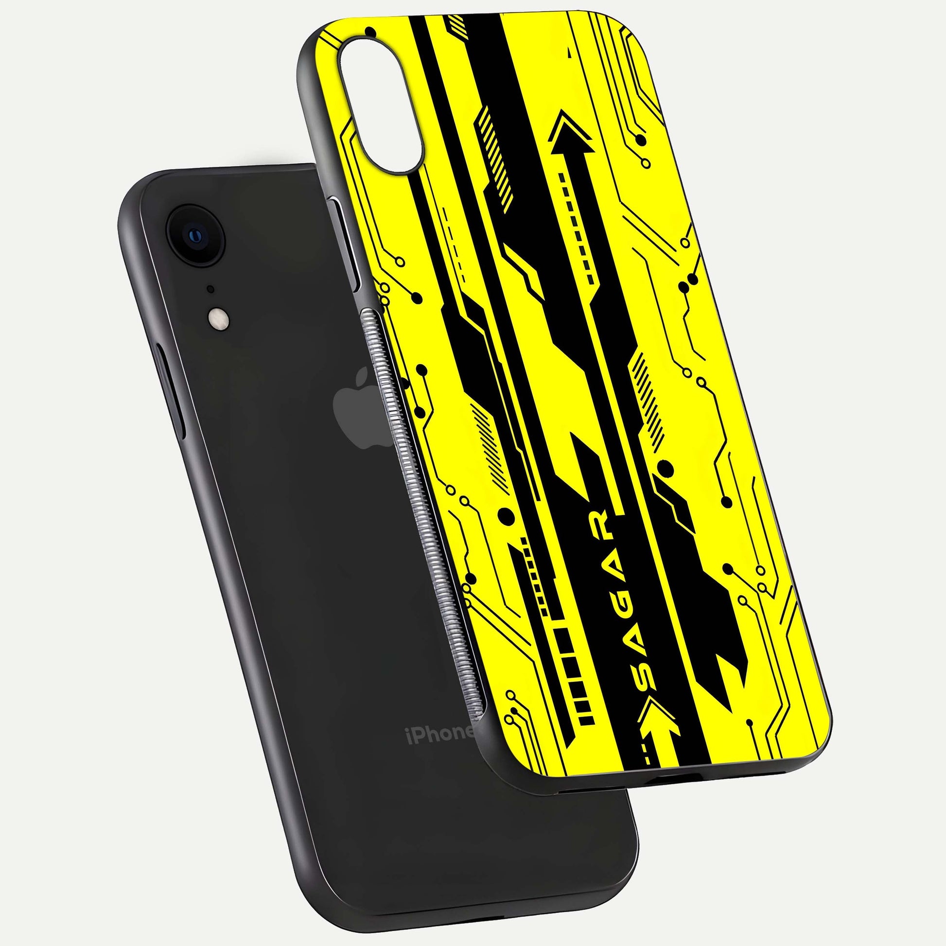 Electric Pulse CYBERPUNK Custom Name Glass Case for iPhone Xr floating mockup showing HD gloss and vibrant cyberpunk glow