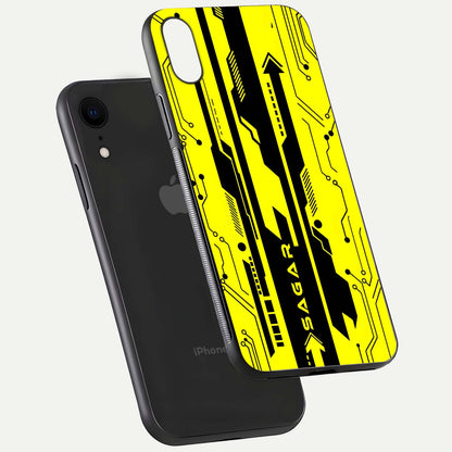 Electric Pulse CYBERPUNK Custom Name Glass Case for iPhone Xr floating mockup showing HD gloss and vibrant cyberpunk glow