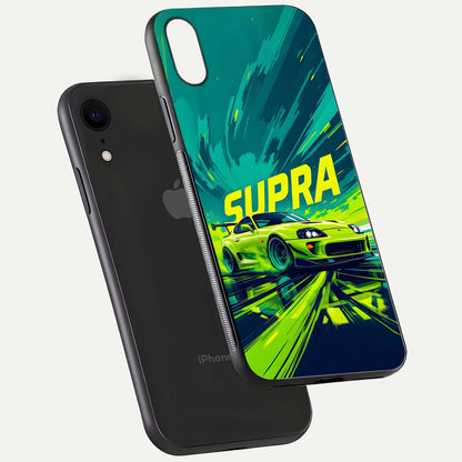 Electric Supra Thunder Glass Case for iPhone Xr floating mockup showing gloss depth and energy glow