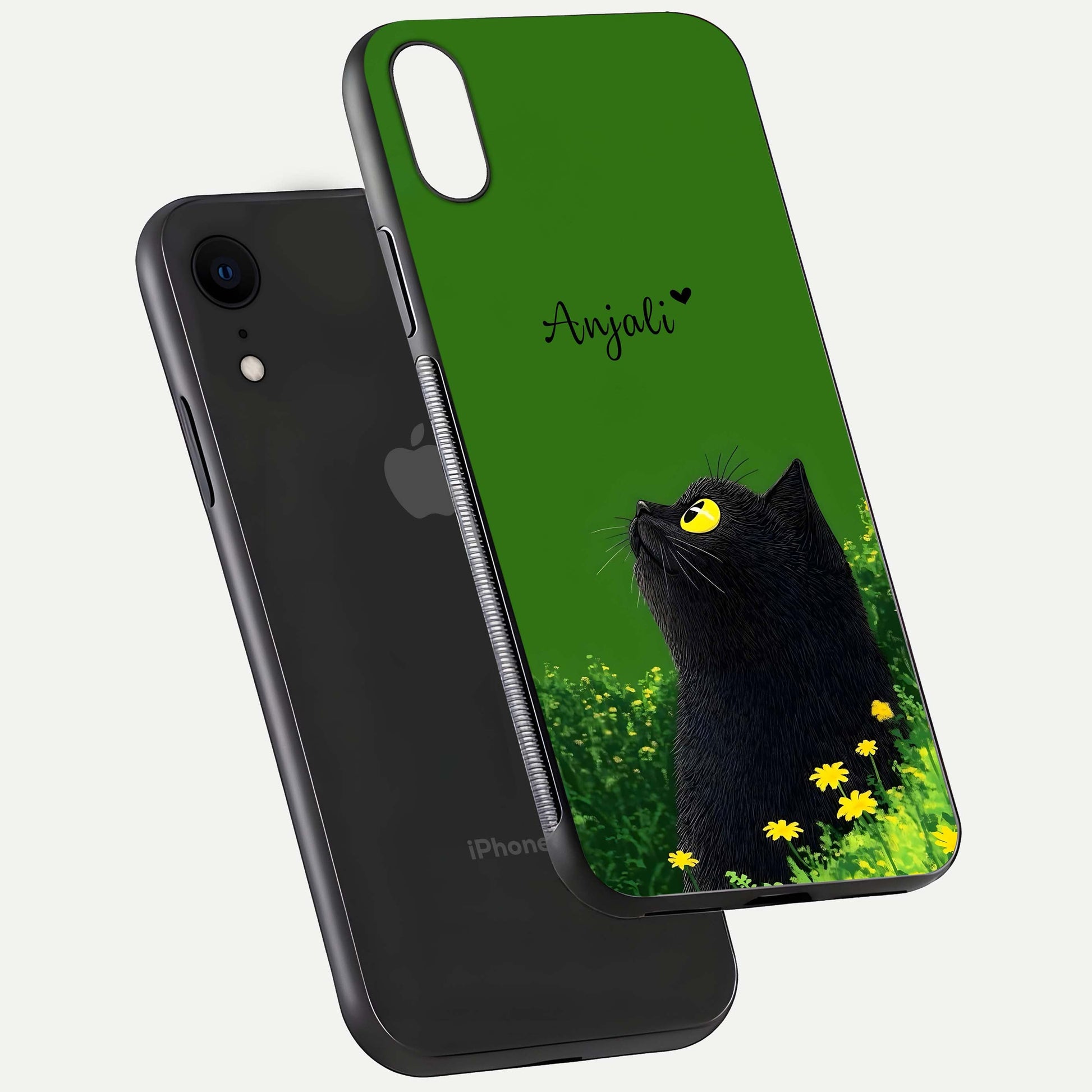 Emerald Cat Custom Name Glass Case for iPhone Xr floating mockup showing HD gloss and soft gradient