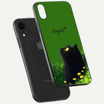 Emerald Cat Custom Name Glass Case for iPhone Xr floating mockup showing HD gloss and soft gradient