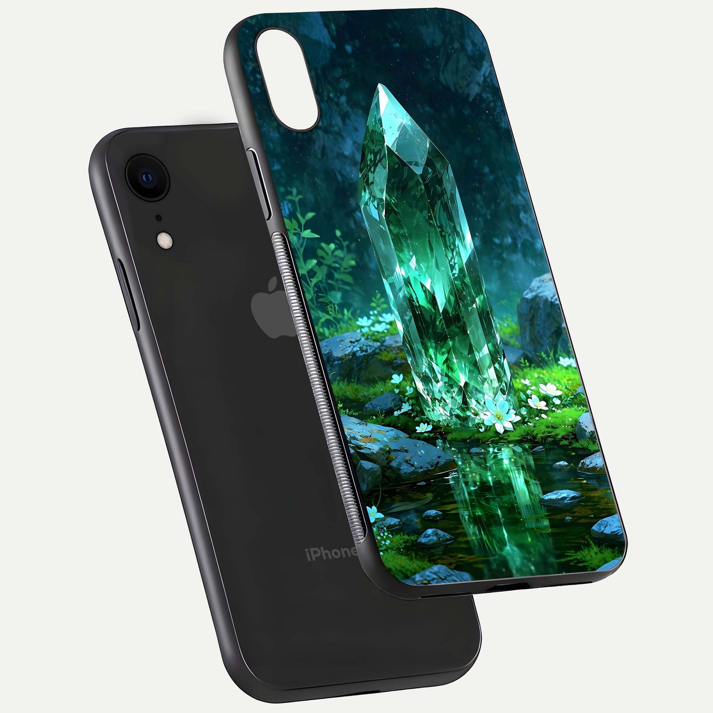 Emerald Light Crystal Glass Case for iPhone Xr floating mockup showing glossy finish and radiant light pattern