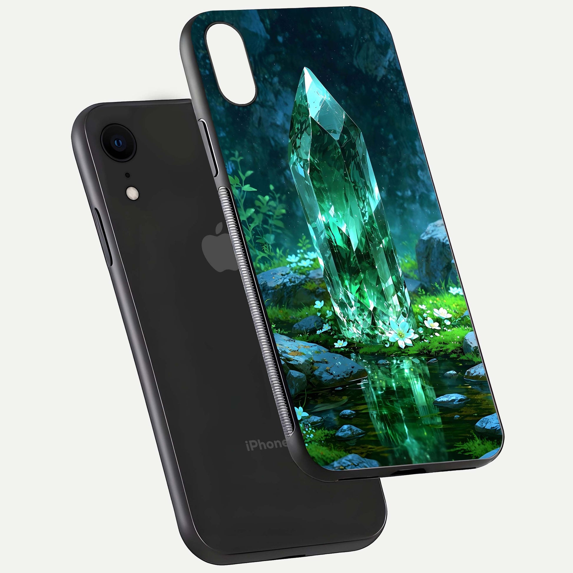 Emerald Light Crystal Glass Case for iPhone Xr floating mockup showing glossy finish and radiant light pattern