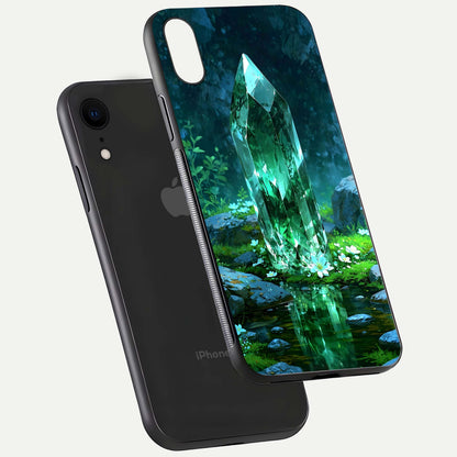 Emerald Light Crystal Glass Case for iPhone Xr floating mockup showing glossy finish and radiant light pattern