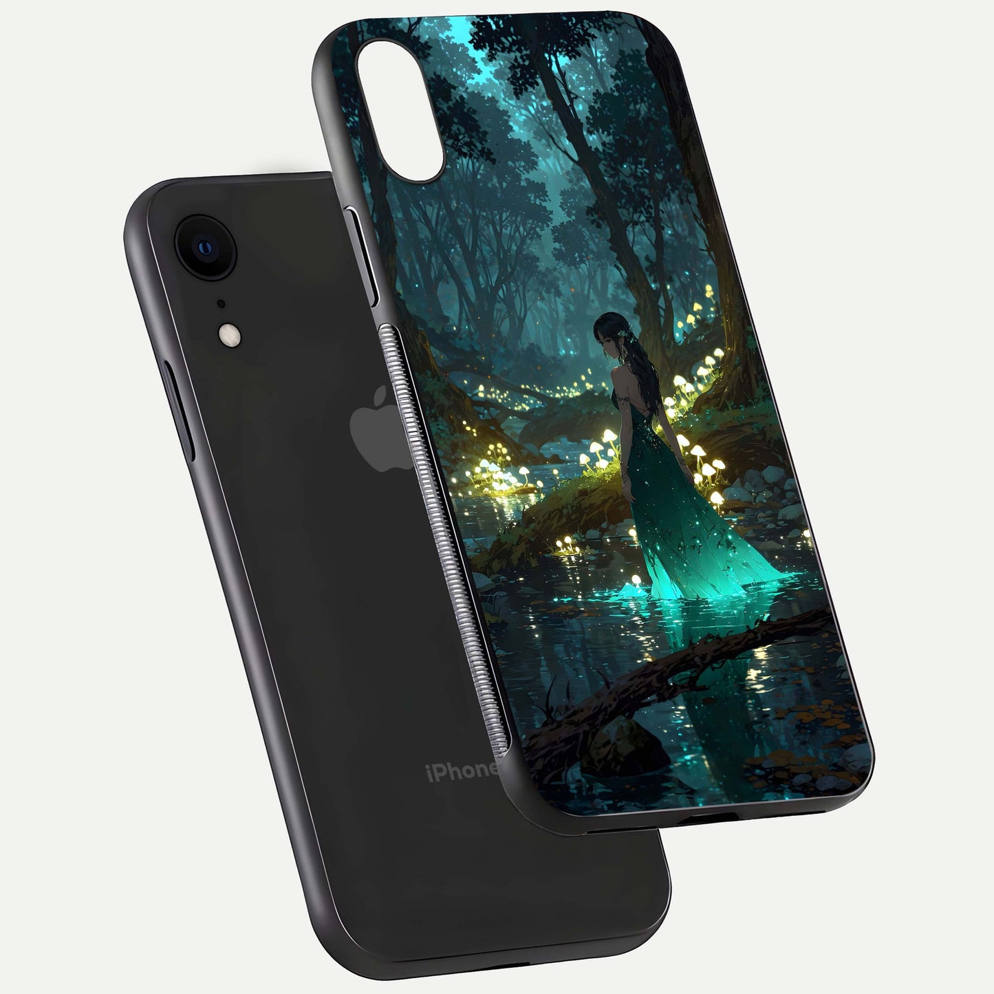 Enchanted Forest Glow Glass Case for iPhone Xr floating mockup showing gloss polish and fantasy vibe