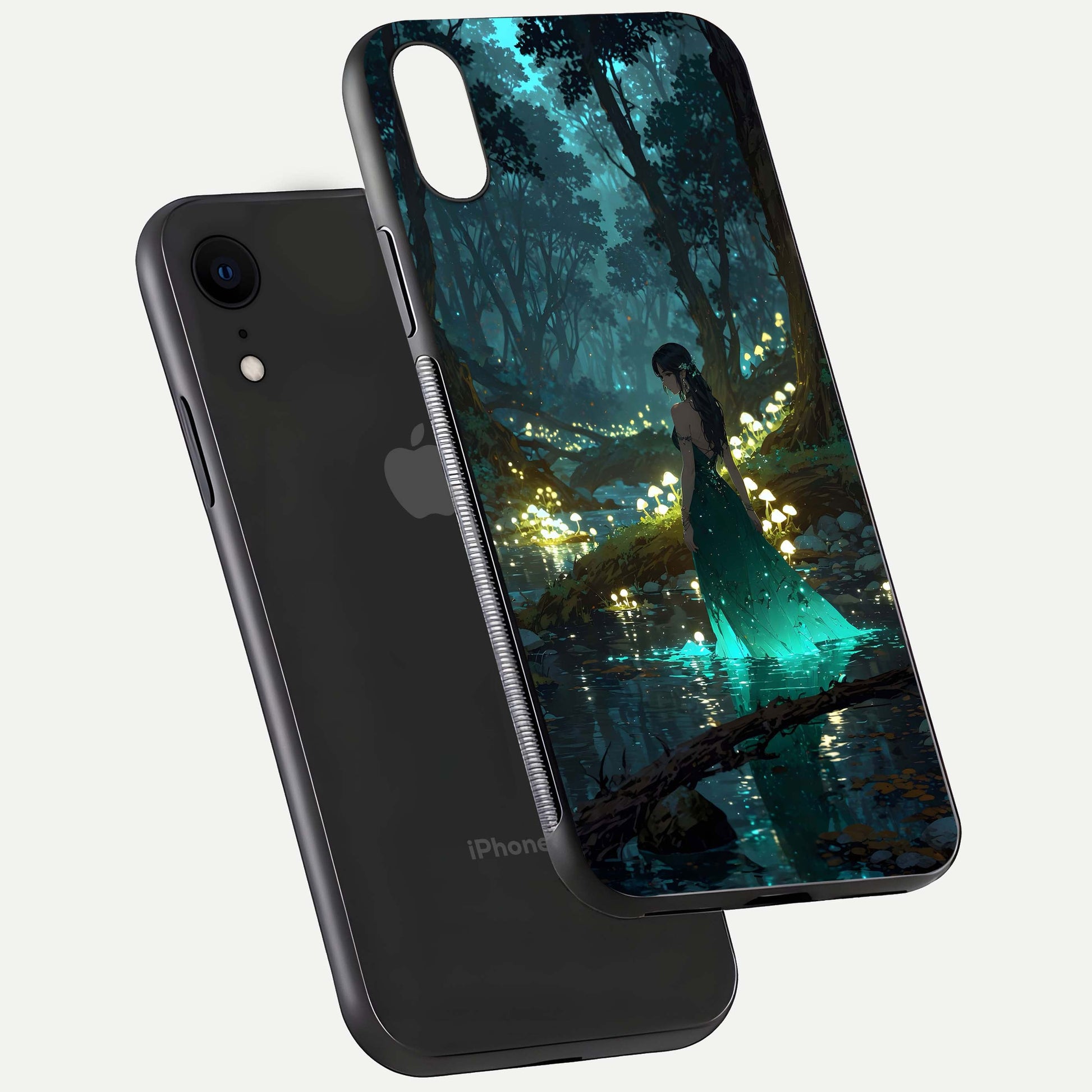 Enchanted Forest Glow Glass Case for iPhone Xr floating mockup showing gloss polish and fantasy vibe