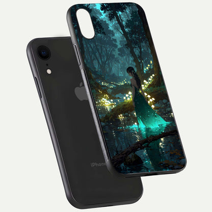 Enchanted Forest Glow Glass Case for iPhone Xr floating mockup showing gloss polish and fantasy vibe