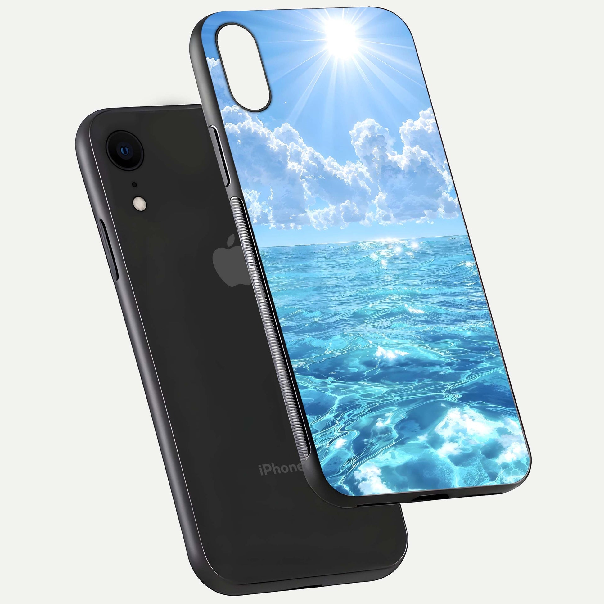 Endless Ocean Horizon Glass Case for iPhone Xr floating mockup showing HD gloss and tranquil color