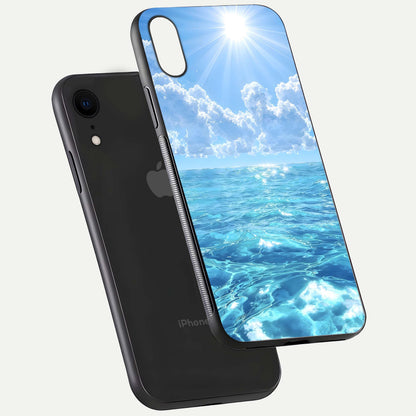 Endless Ocean Horizon Glass Case for iPhone Xr floating mockup showing HD gloss and tranquil color