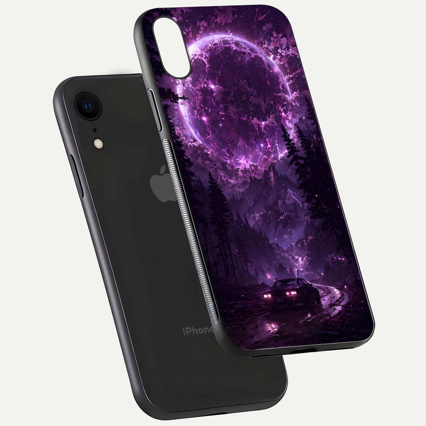 Eternal Cosmic Drive Glass Case for iPhone Xr floating mockup showing glossy polish and vivid glow