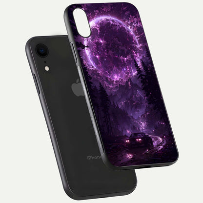 Eternal Cosmic Drive Glass Case for iPhone Xr floating mockup showing glossy polish and vivid glow