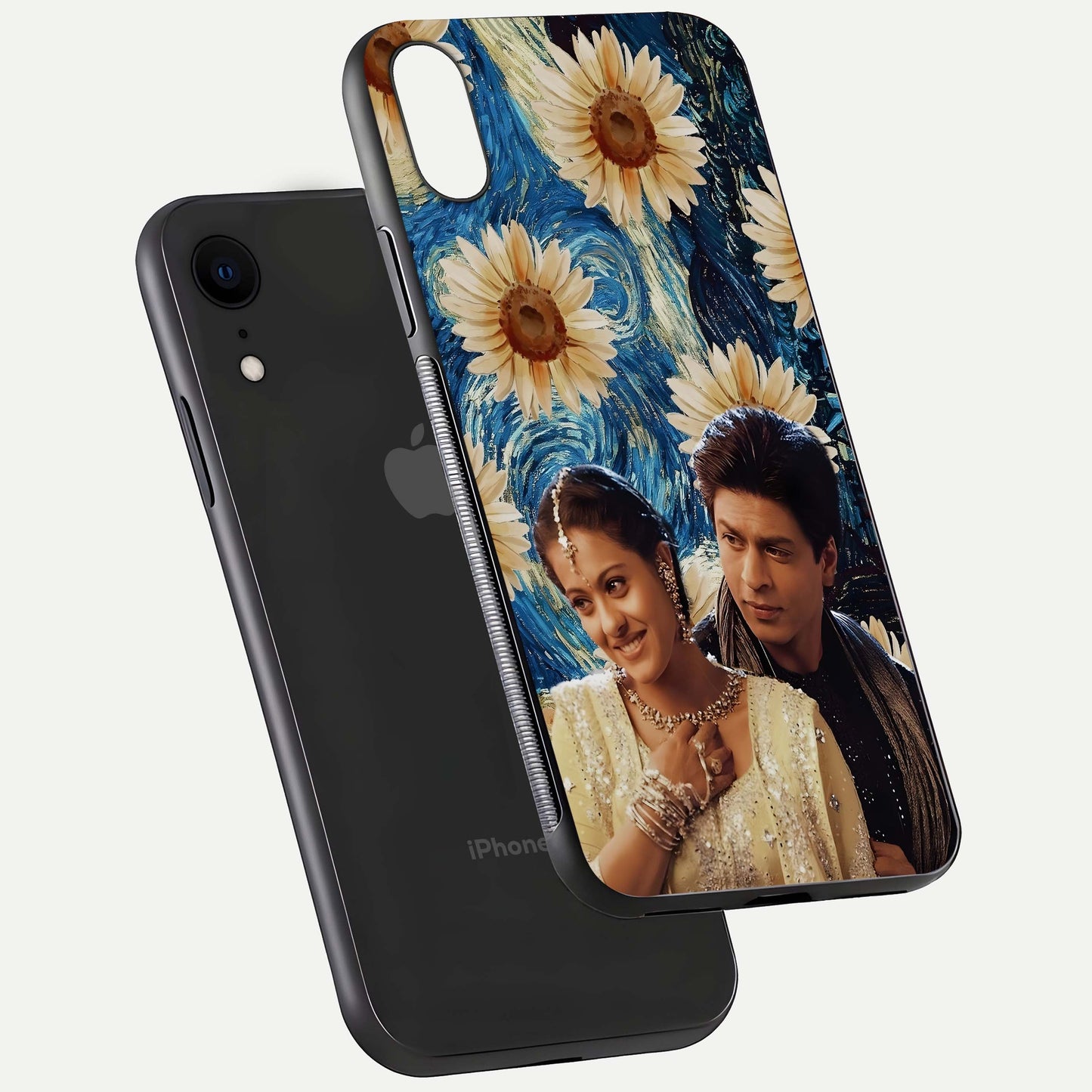 Eternal Love Story Glass Case for iPhone Xr floating mockup showing glossy shine and romantic tone