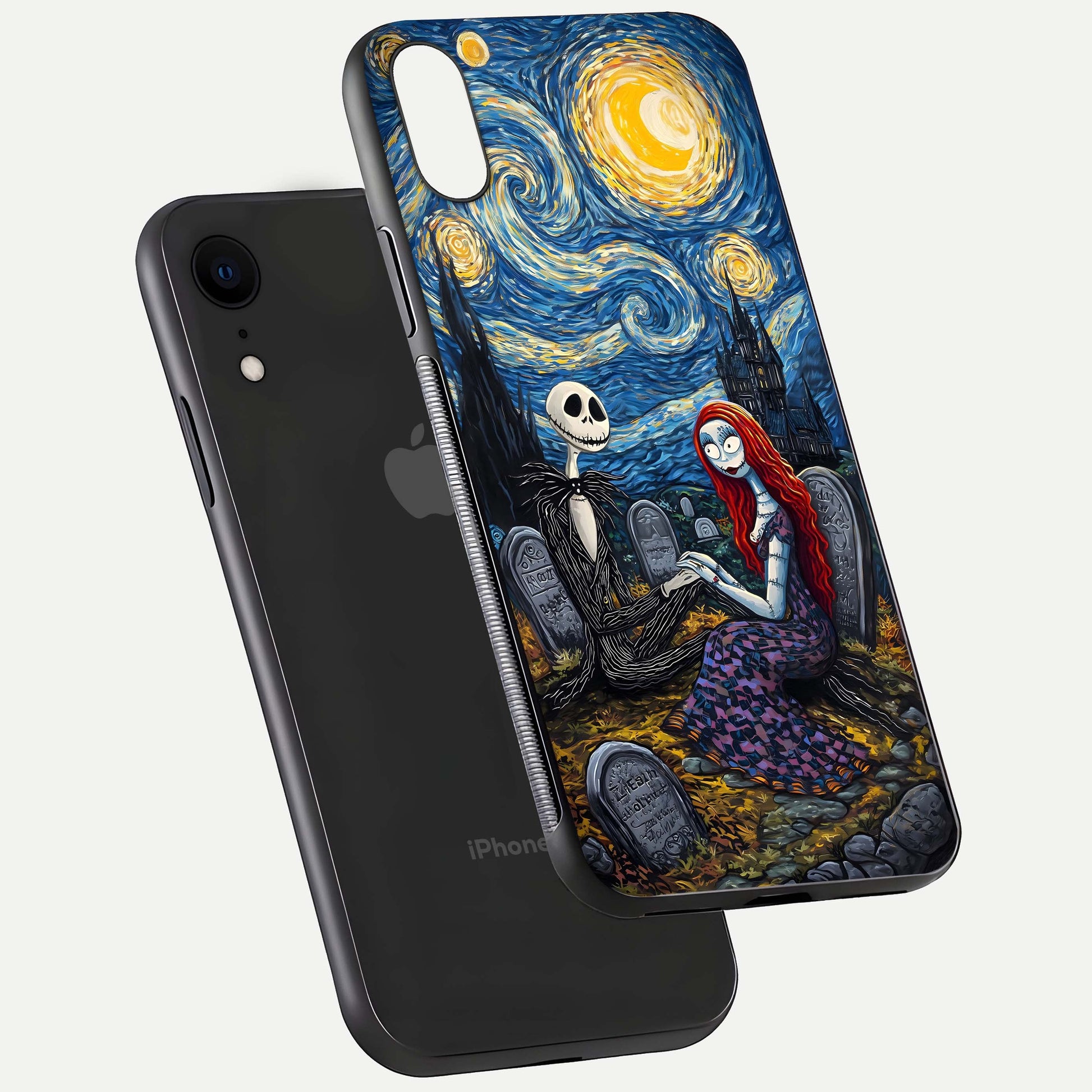 Eternal Night Love Glass Case for iPhone Xr floating mockup showing gloss brightness and romantic vibe