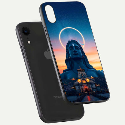 Eternal Shiva Aura Glass Case for iPhone Xr floating mockup showing gloss texture and spiritual glow