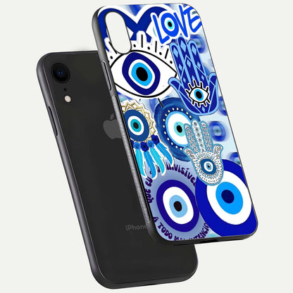 Evil Eyes Dream Glass Case for iPhone Xr floating mockup showing glossy shine and elegant pattern clarity