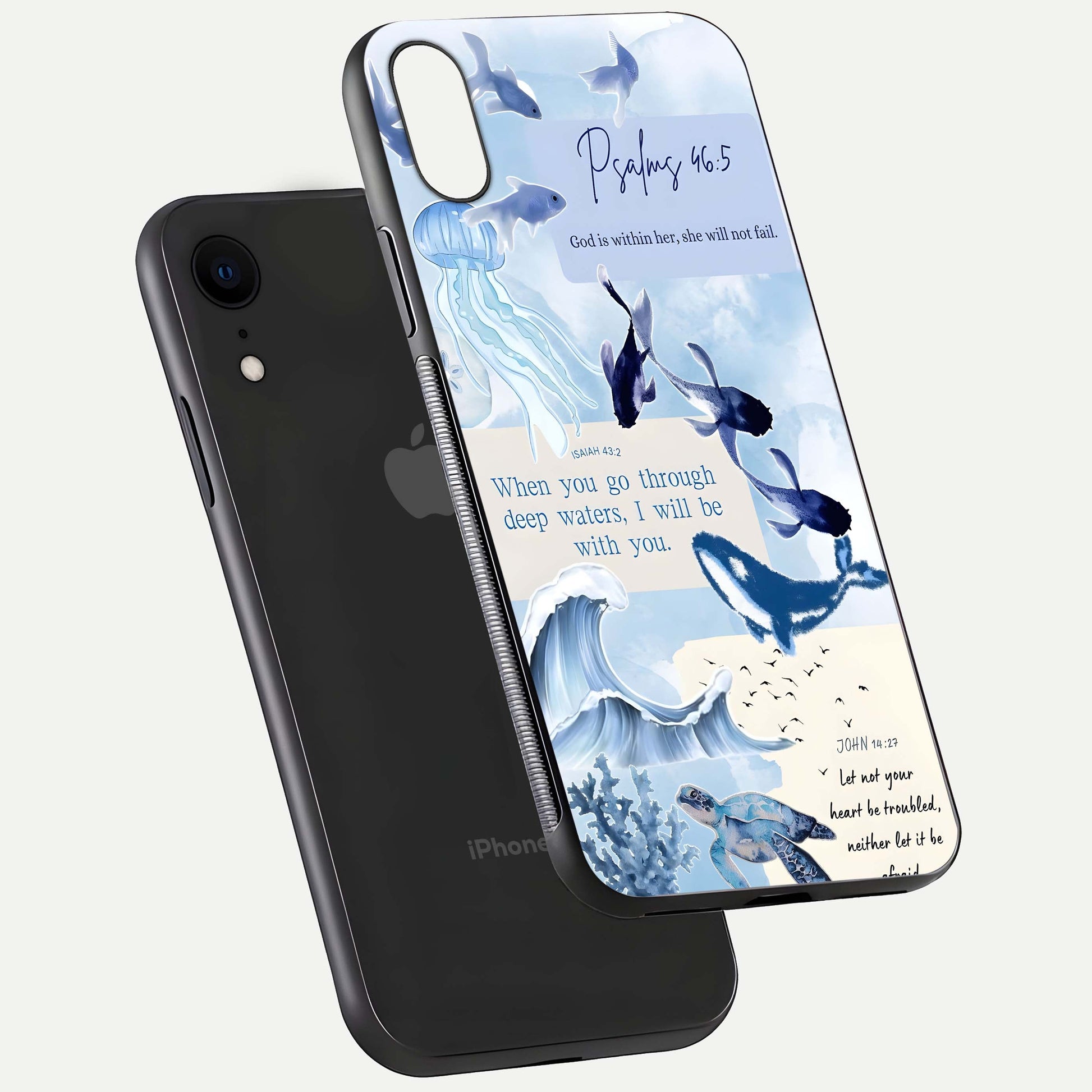 Faithful Ocean Promise Glass Case for iPhone Xr floating mockup displaying glossy surface and vivid depth