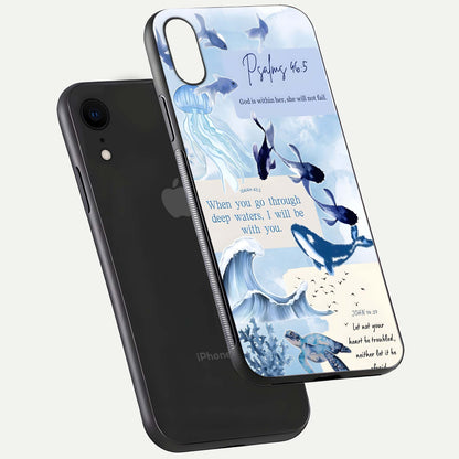 Faithful Ocean Promise Glass Case for iPhone Xr floating mockup displaying glossy surface and vivid depth