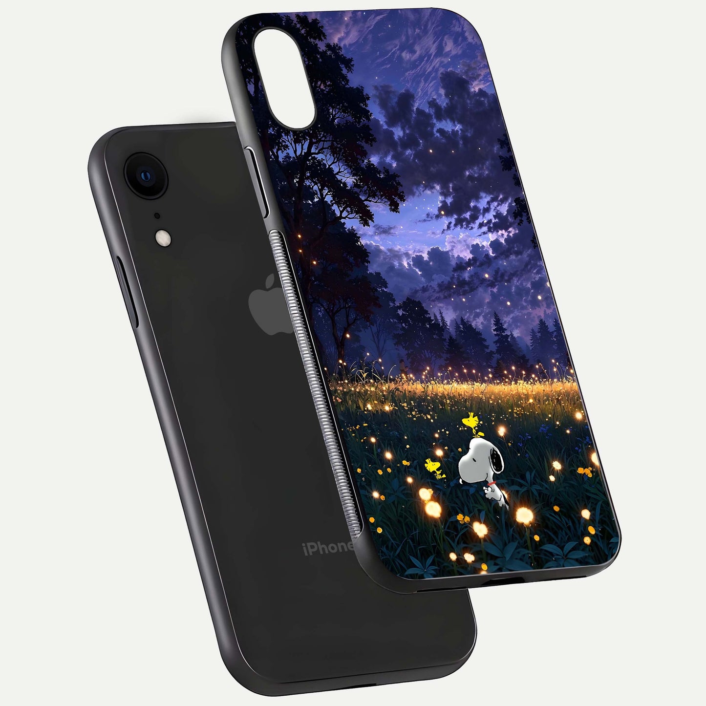 Firefly Meadow Magic Glass Case for iPhone Xr floating mockup showing gloss polish and magical night hues