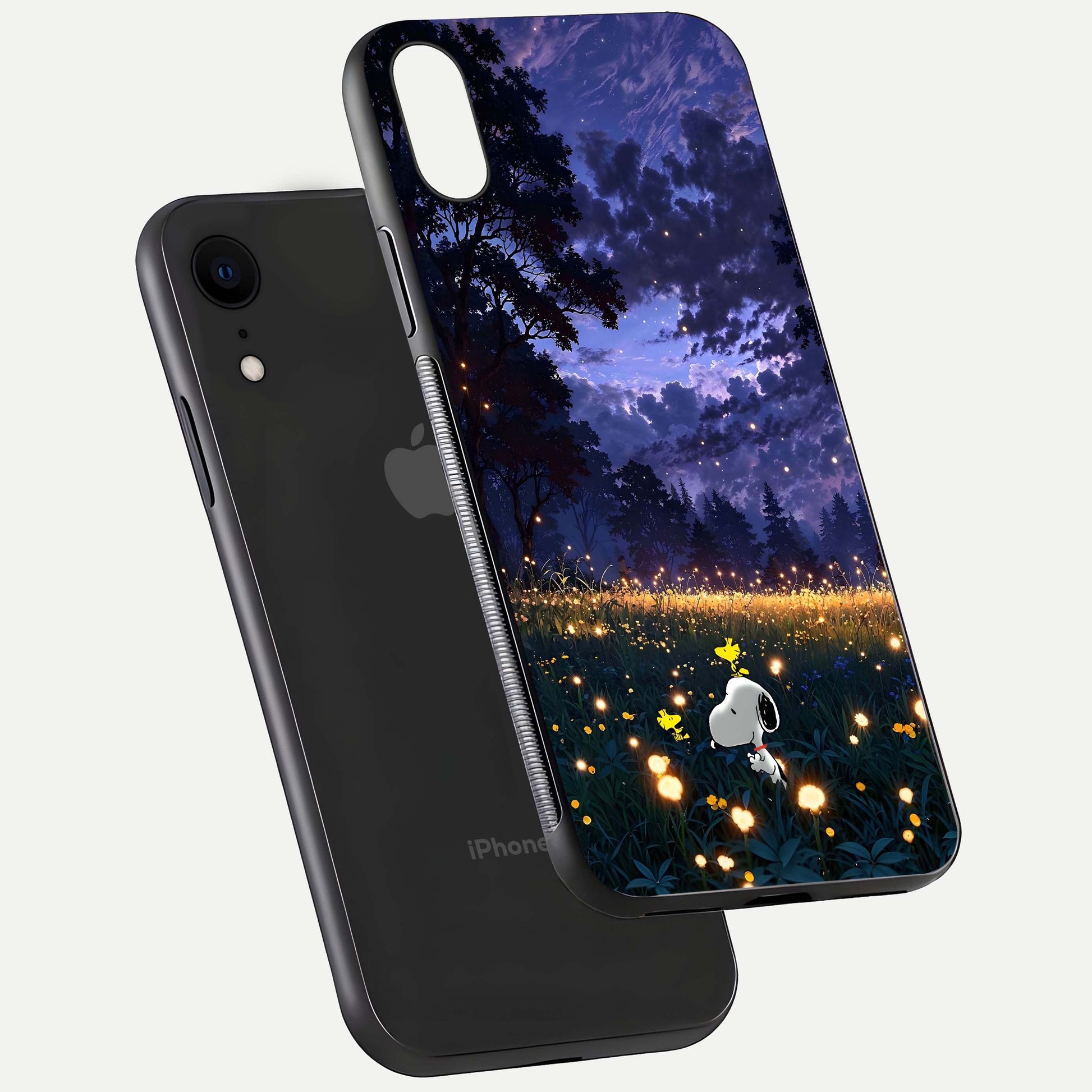 Firefly Meadow Magic Glass Case for iPhone Xr floating mockup showing gloss polish and magical night hues