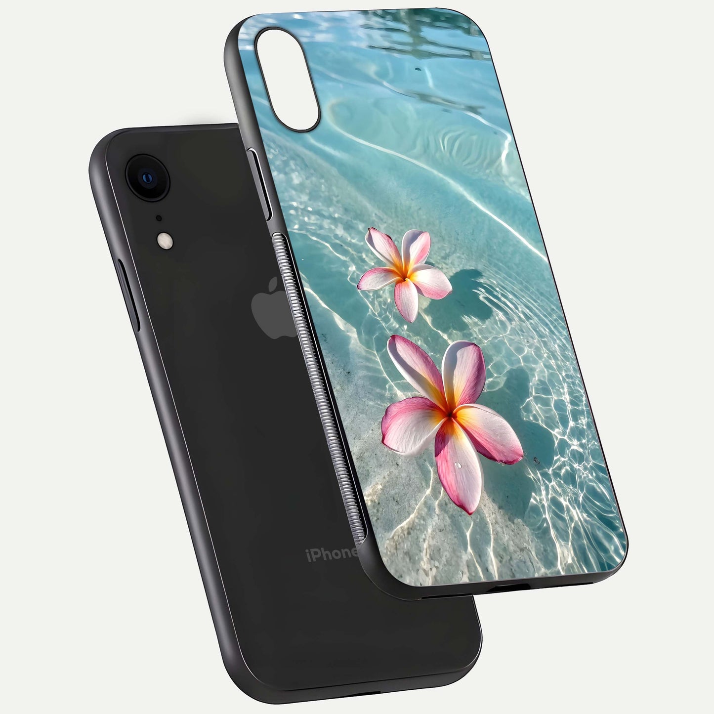 Floating Bloom Bliss Glass Case for iPhone Xr floating mockup showing HD gloss shine and floral texture