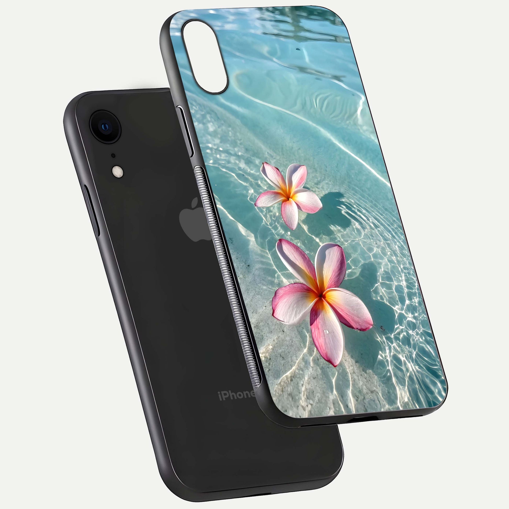 Floating Bloom Bliss Glass Case for iPhone Xr floating mockup showing HD gloss shine and floral texture