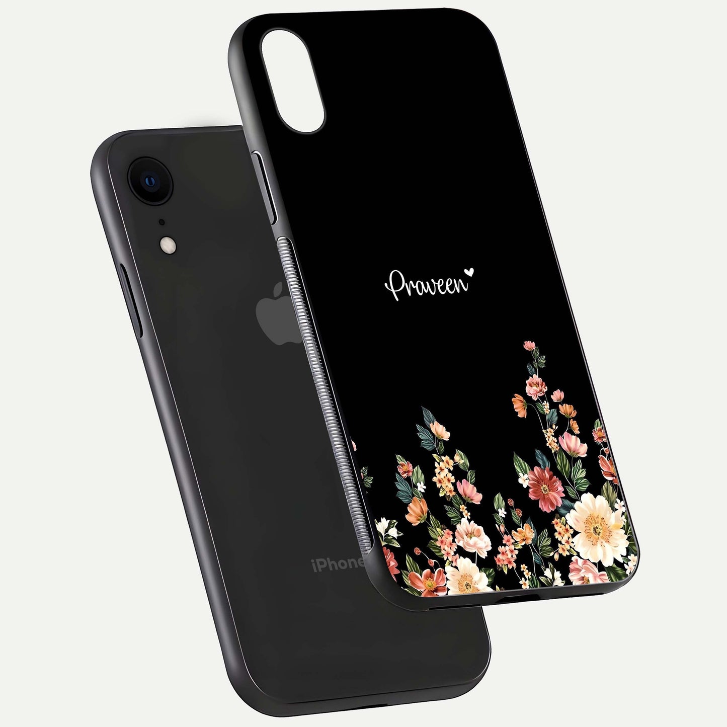Floral Design Personalized Custom Name Glass Case for iPhone Xr floating mockup showing reflection polish and vivid colors