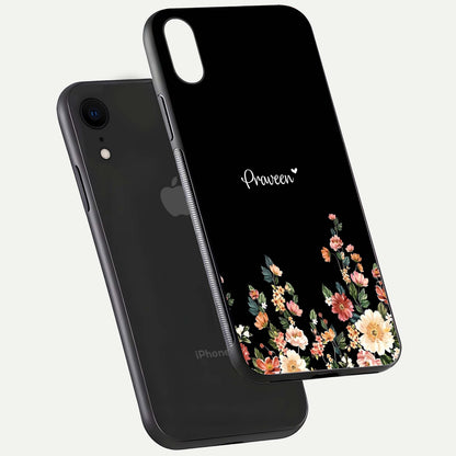 Floral Design Personalized Custom Name Glass Case for iPhone Xr floating mockup showing reflection polish and vivid colors