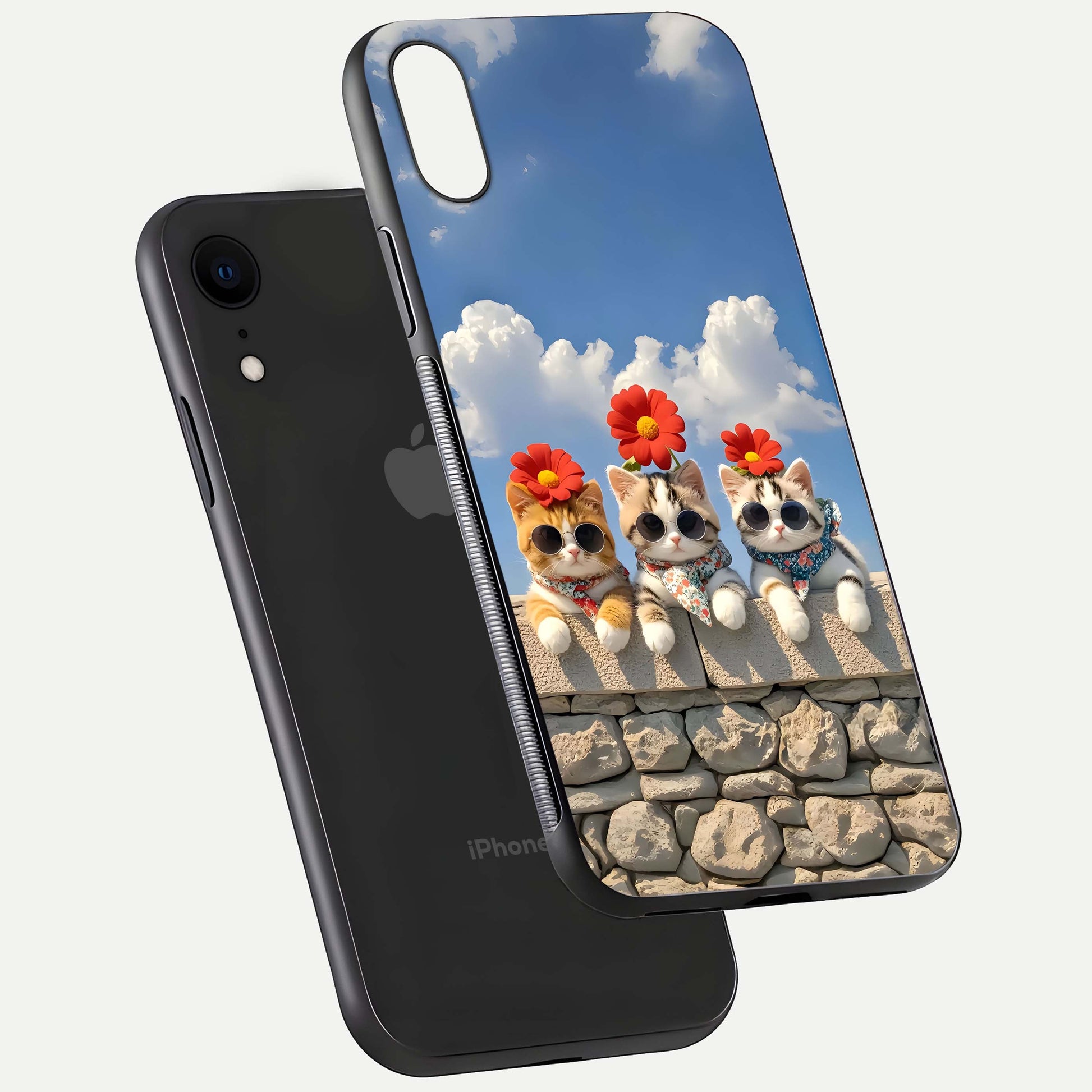 Floral Kitty Squad Glass Case for iPhone Xr floating mockup showing gloss texture and playful charm