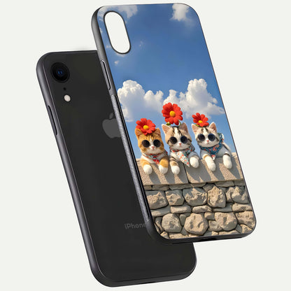 Floral Kitty Squad Glass Case for iPhone Xr floating mockup showing gloss texture and playful charm