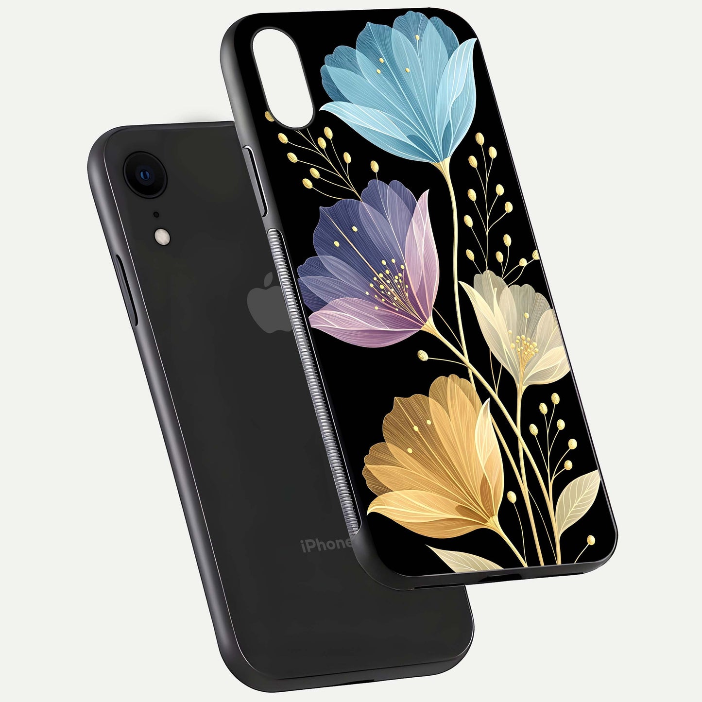 Flower Bloom Glow Glass Case for iPhone Xr floating mockup showing HD shine and artistic detail
