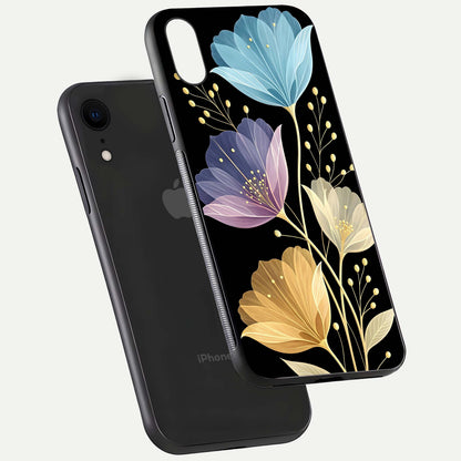 Flower Bloom Glow Glass Case for iPhone Xr floating mockup showing HD shine and artistic detail