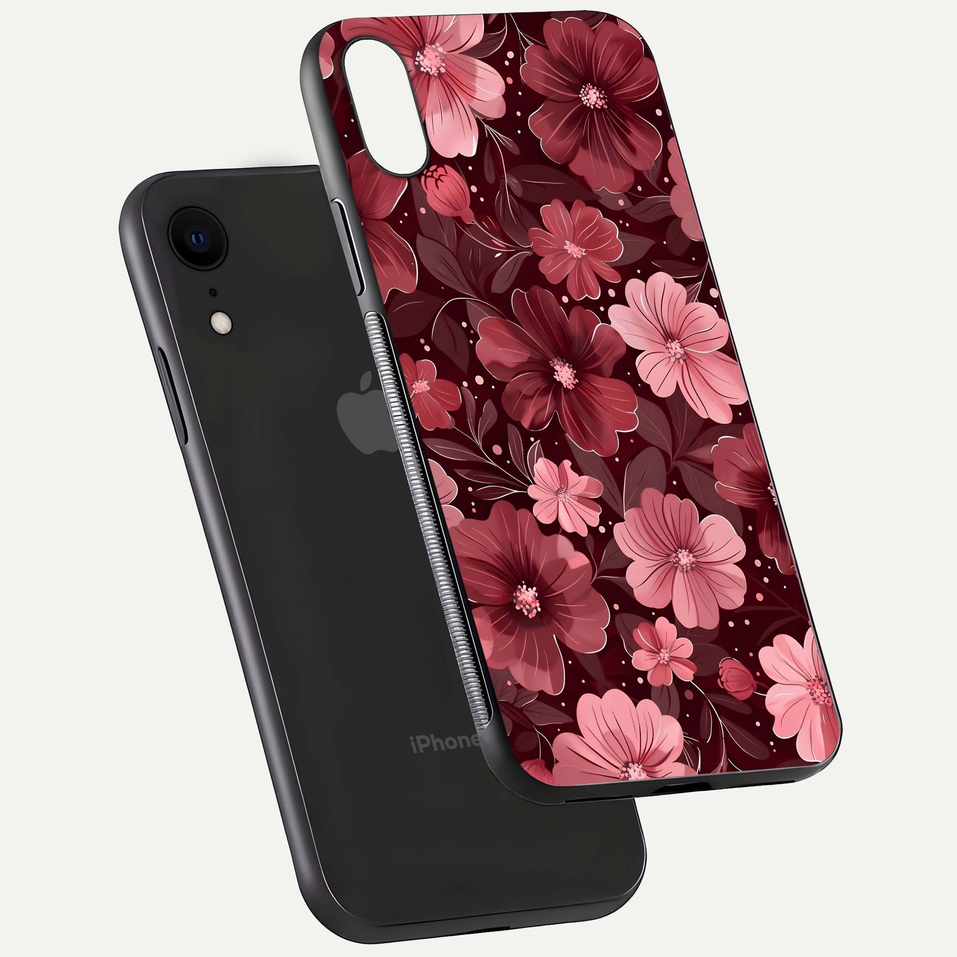 Flower Blush Bloom Glass Case for iPhone Xr floating mockup showing shine polish and elegant look