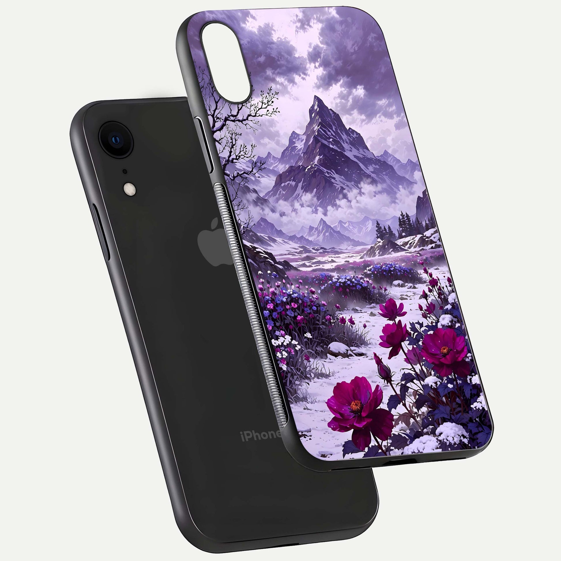 Flower Mountain View Glass Case for iPhone Xr floating mockup showing reflection glow and artistic clarity