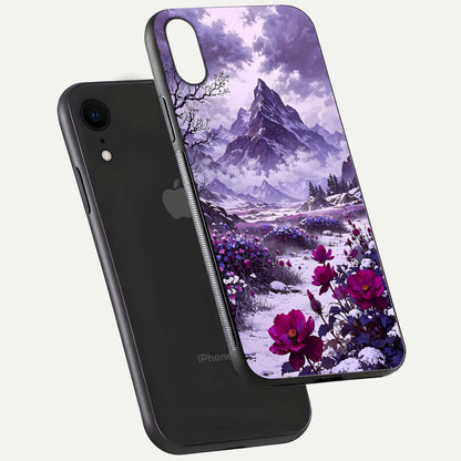 Flower Mountain View Glass Case for iPhone Xr floating mockup showing reflection glow and artistic clarity
