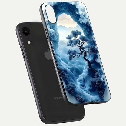 Frozen Serenity Gate Glass Case for iPhone Xr floating mockup showing glossy depth and crystal glow