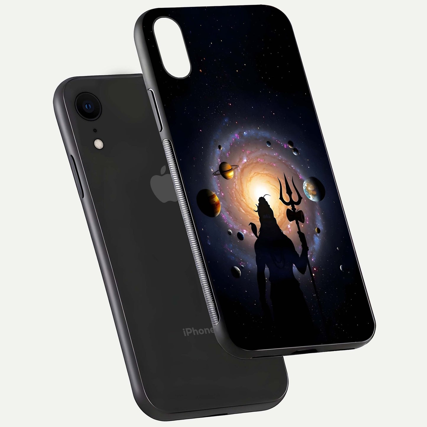 Galactic Shiva Vision Glass Case for iPhone Xr floating dual-view mockup displaying vibrant cosmic colors and smooth gloss texture