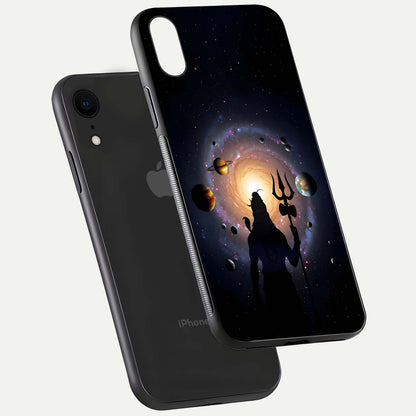 Galactic Shiva Vision Glass Case for iPhone Xr floating dual-view mockup displaying vibrant cosmic colors and smooth gloss texture