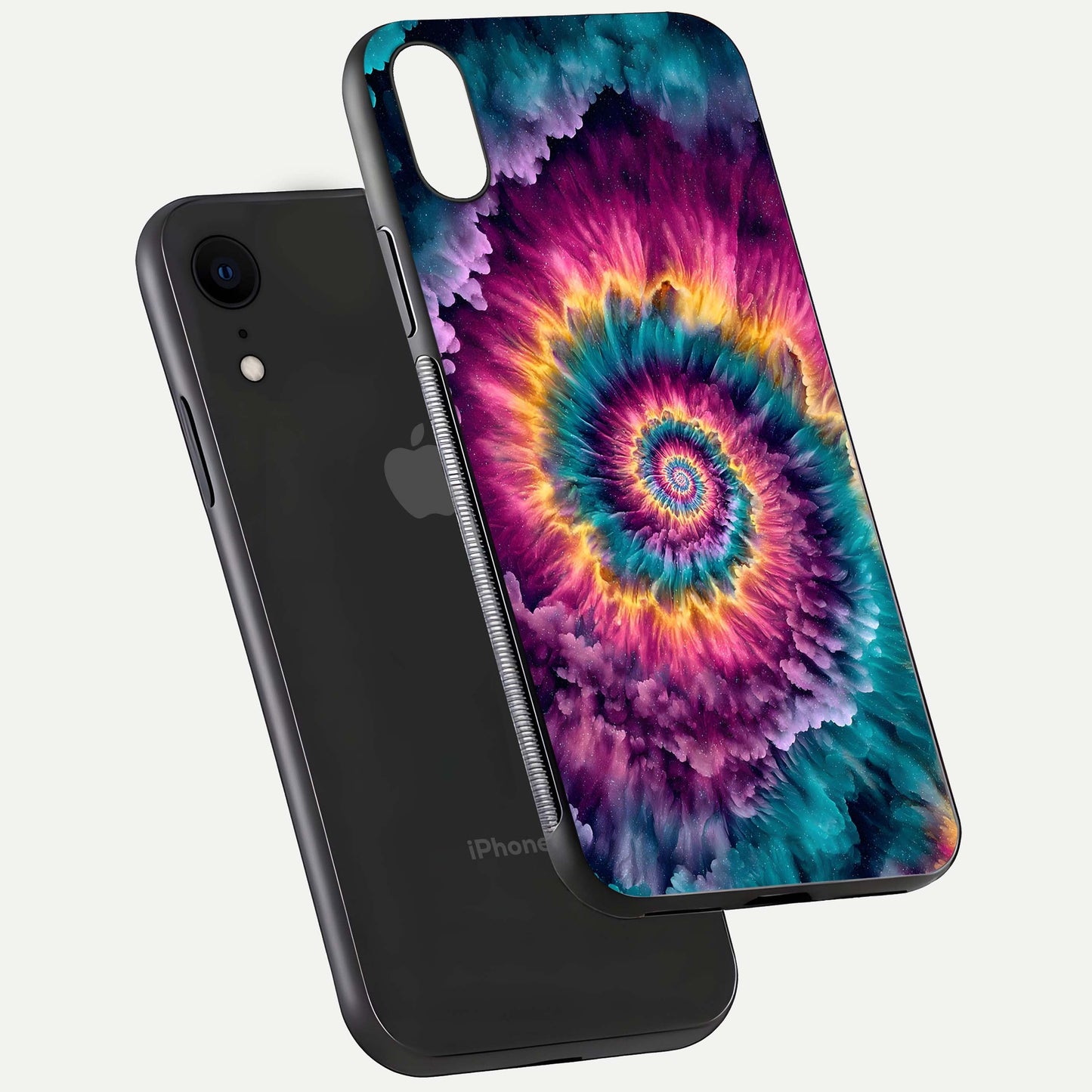 Galactic Spiral Burst Glass Case for iPhone Xr floating dual-view mockup displaying light trails and smooth gloss shine