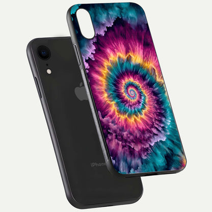 Galactic Spiral Burst Glass Case for iPhone Xr floating dual-view mockup displaying light trails and smooth gloss shine