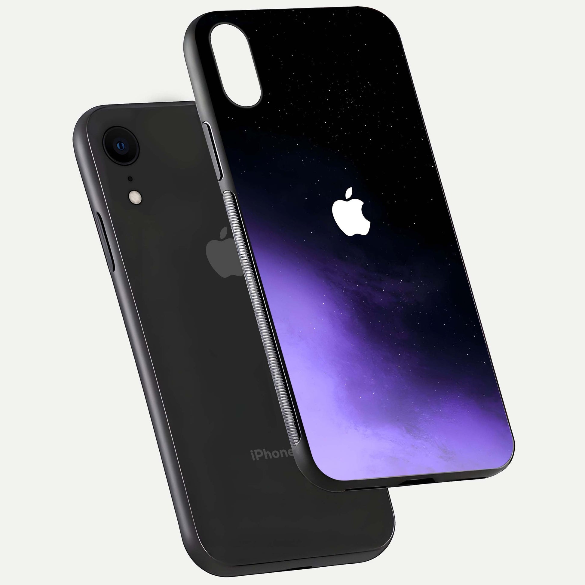 Galaxy Apple Aura Glass Case for iPhone Xr floating dual-view mockup highlighting HD gloss and deep space color blend