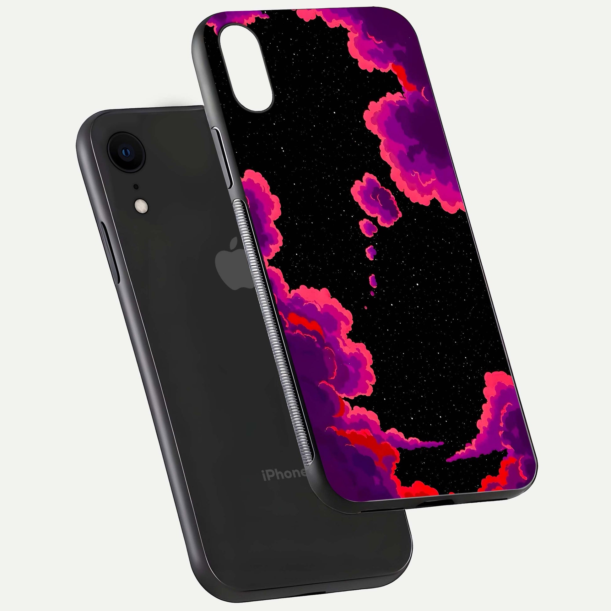 Galaxy Dream Frame Glass Case for iPhone Xr floating dual-view mockup showing vibrant gloss and space-themed tones