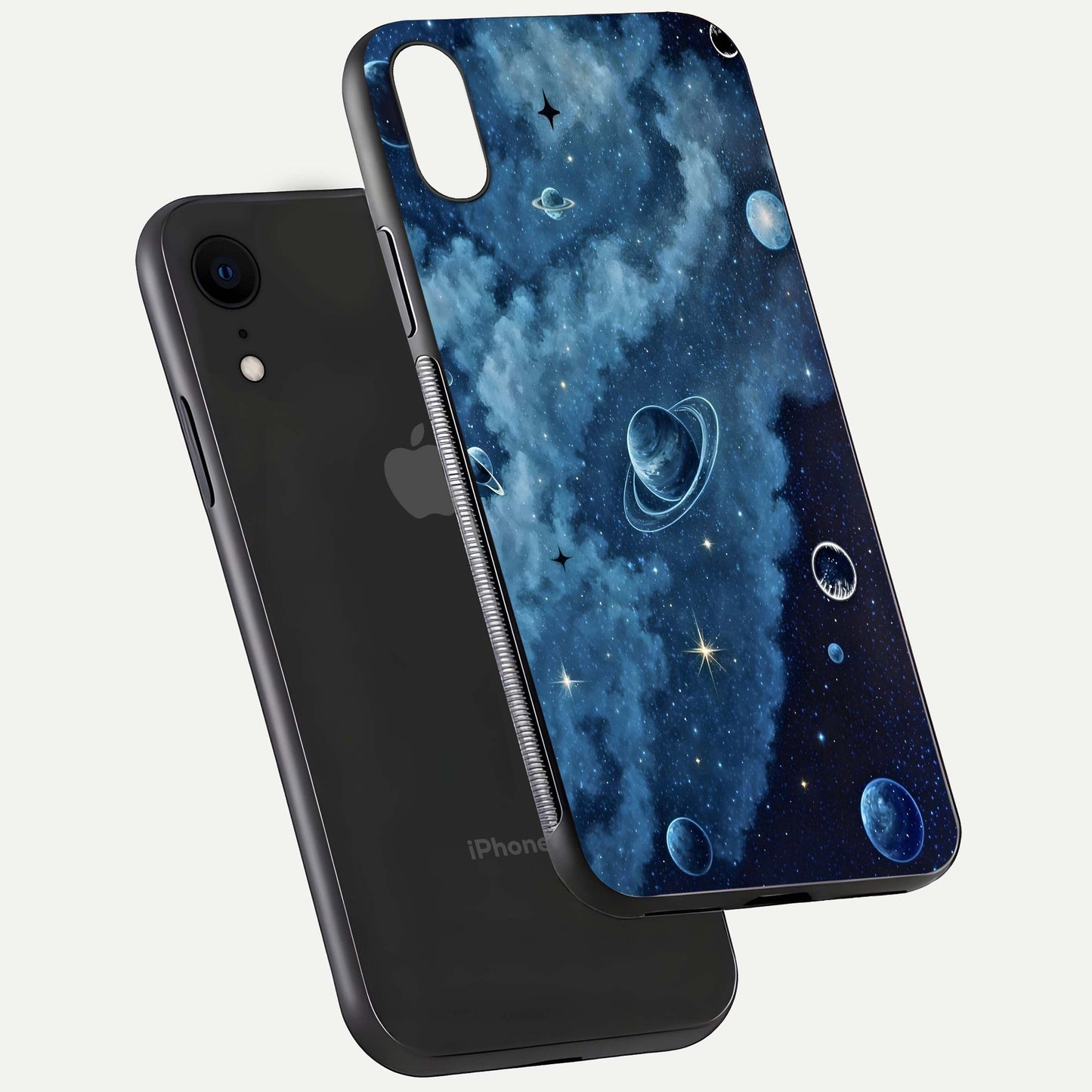 Galaxy Dream Space Glass Case for iPhone Xr floating dual-view mockup showing glossy finish and celestial depth