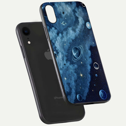 Galaxy Dream Space Glass Case for iPhone Xr floating dual-view mockup showing glossy finish and celestial depth