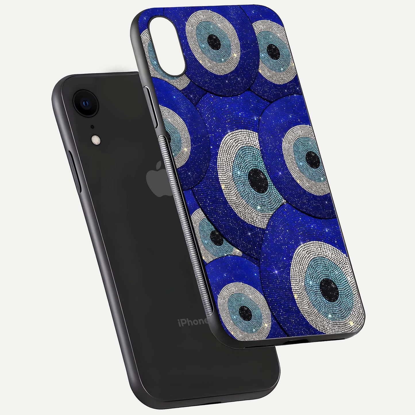 Galaxy Eye Flow Glass Case for iPhone Xr floating dual-view mockup showing gloss polish and glowing tones