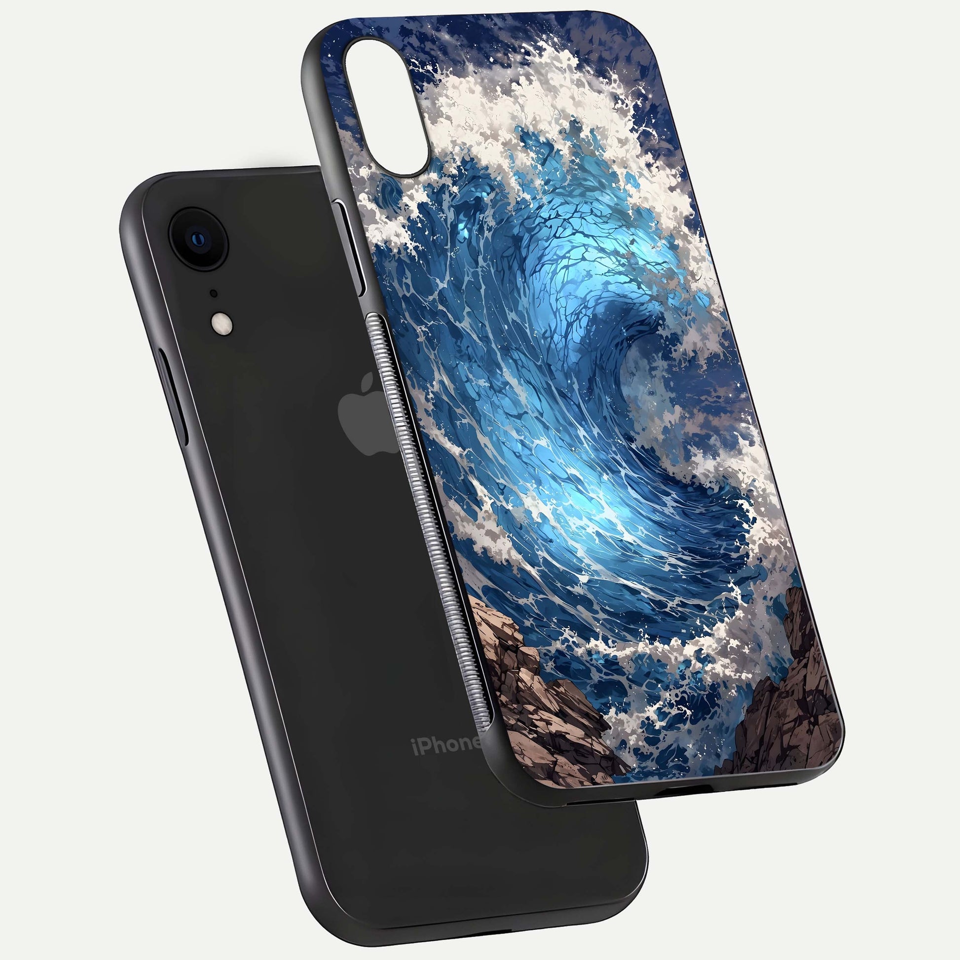 Giant Ocean Wave Glass Case for iPhone Xr floating dual-view mockup showing glossy depth and aquatic blue gradient