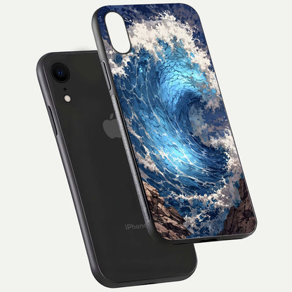 Giant Ocean Wave Glass Case for iPhone Xr floating dual-view mockup showing glossy depth and aquatic blue gradient