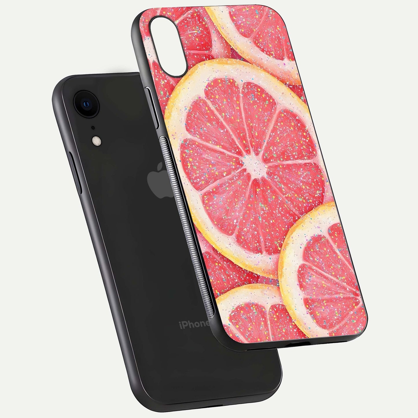 Glitter Grapefruit Glass Case for iPhone Xr floating dual-view mockup showing HD gloss and fresh color detail