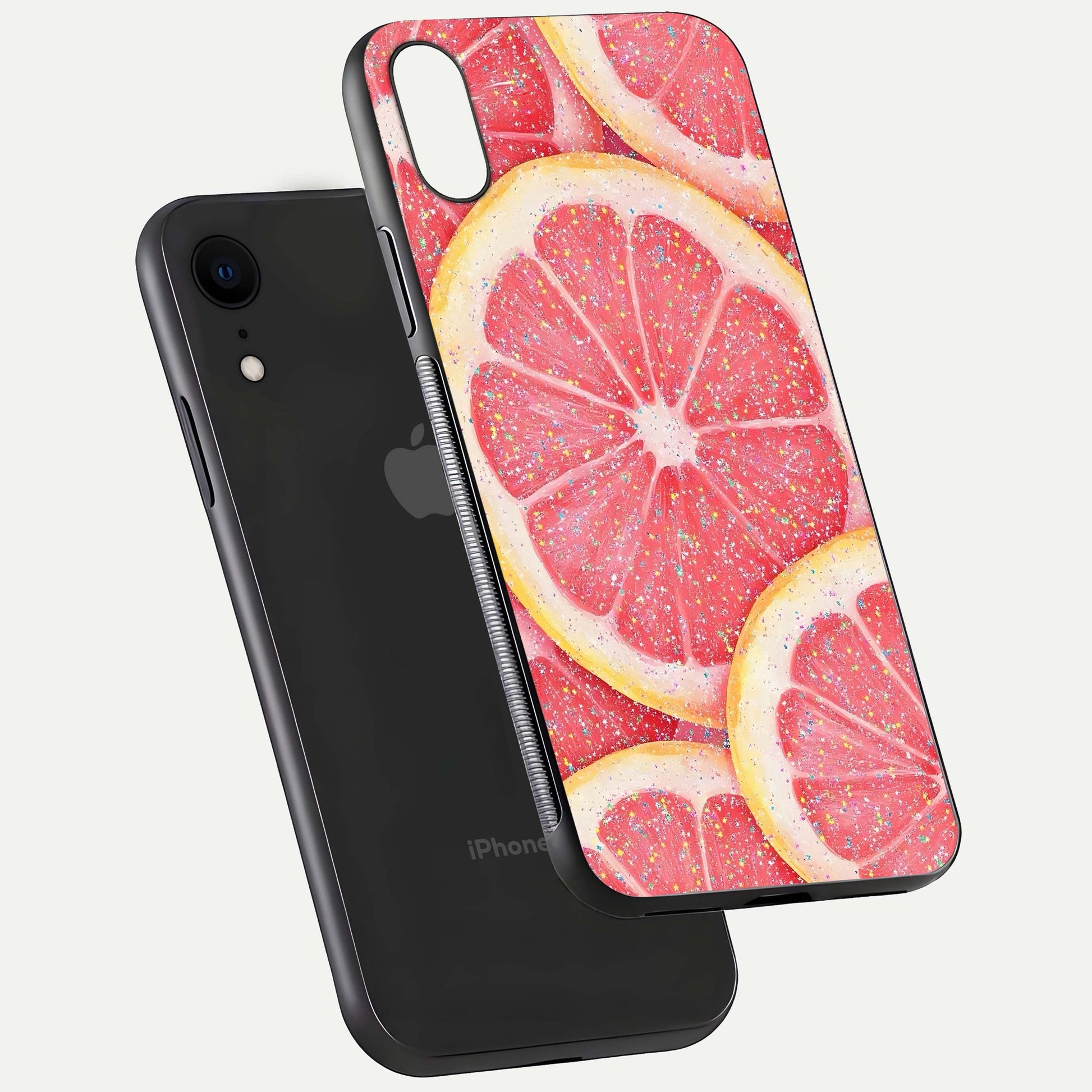 Glitter Grapefruit Glass Case for iPhone Xr floating dual-view mockup showing HD gloss and fresh color detail